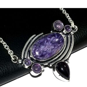 Elegant,oval purple  Charoite necklace/small Amethyst accent stones/black stone~